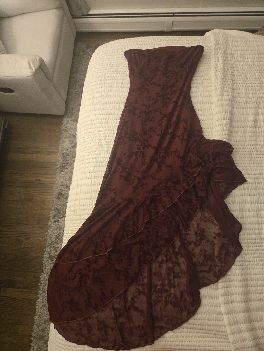 Strapless Burgundy Floral Ruffle Evening Dress